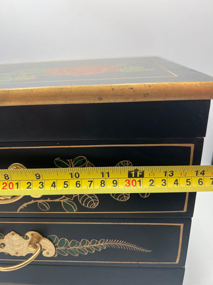 Asian Jewelry Box - Black Lacquer with Ornate Bird and Red Lining