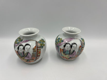 Porcelain Figural Vase Pair: Small Chinese Qing Style (3.25in Each)