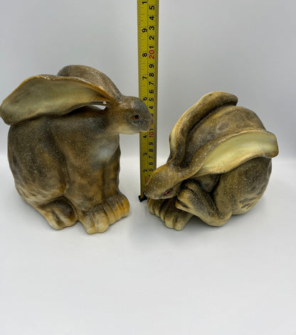 Retro Bunny Statues: Hand-Painted Green Wax Pair (7-8 Inches)