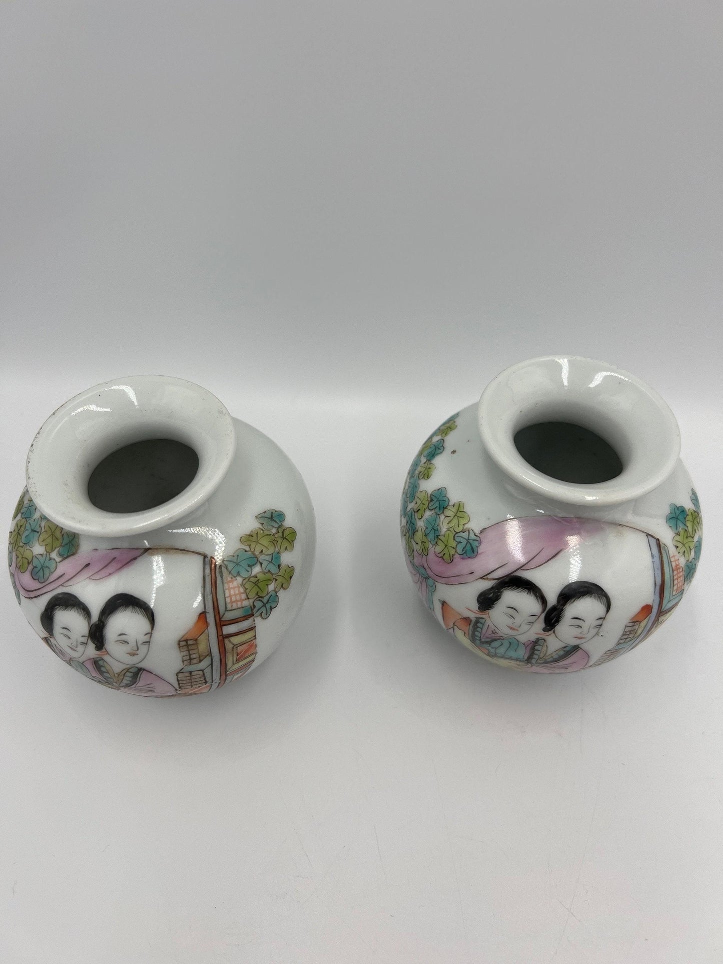 Porcelain Figural Vase Pair: Small Chinese Qing Style (3.25in Each)