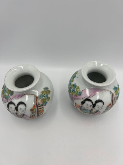 Porcelain Figural Vase Pair: Small Chinese Qing Style (3.25in Each)