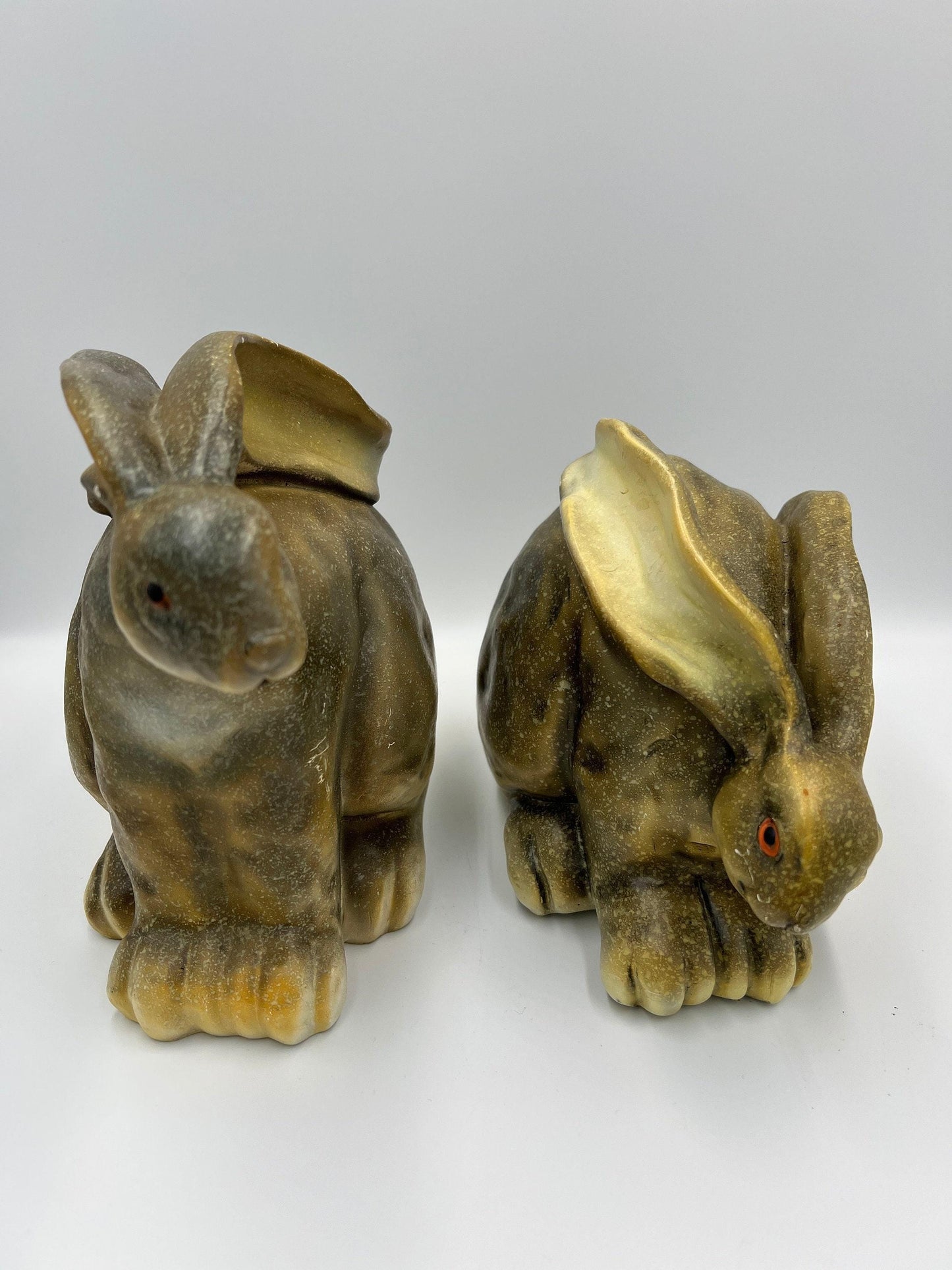 Retro Bunny Statues: Hand-Painted Green Wax Pair (7-8 Inches)