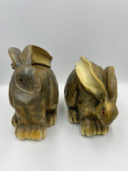 Retro Bunny Statues: Hand-Painted Green Wax Pair (7-8 Inches)