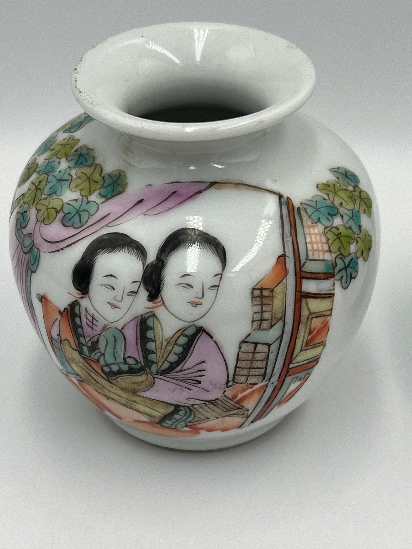 Porcelain Figural Vase Pair: Small Chinese Qing Style (3.25in Each)