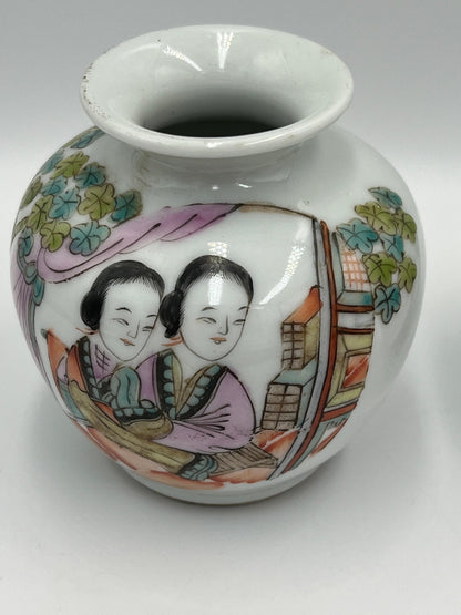 Porcelain Figural Vase Pair: Small Chinese Qing Style (3.25in Each)