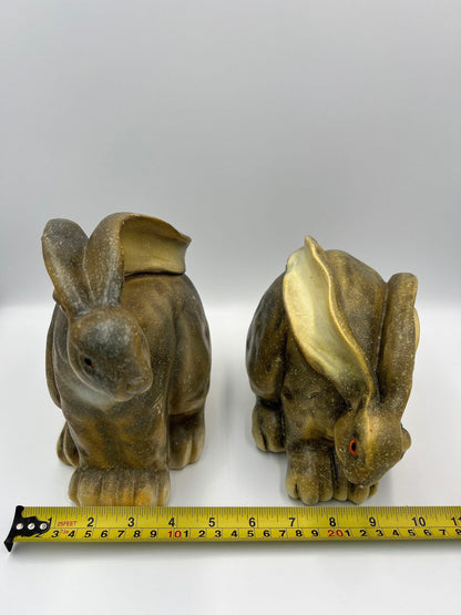 Retro Bunny Statues: Hand-Painted Green Wax Pair (7-8 Inches)