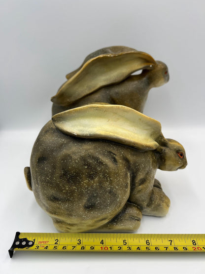 Retro Bunny Statues: Hand-Painted Green Wax Pair (7-8 Inches)