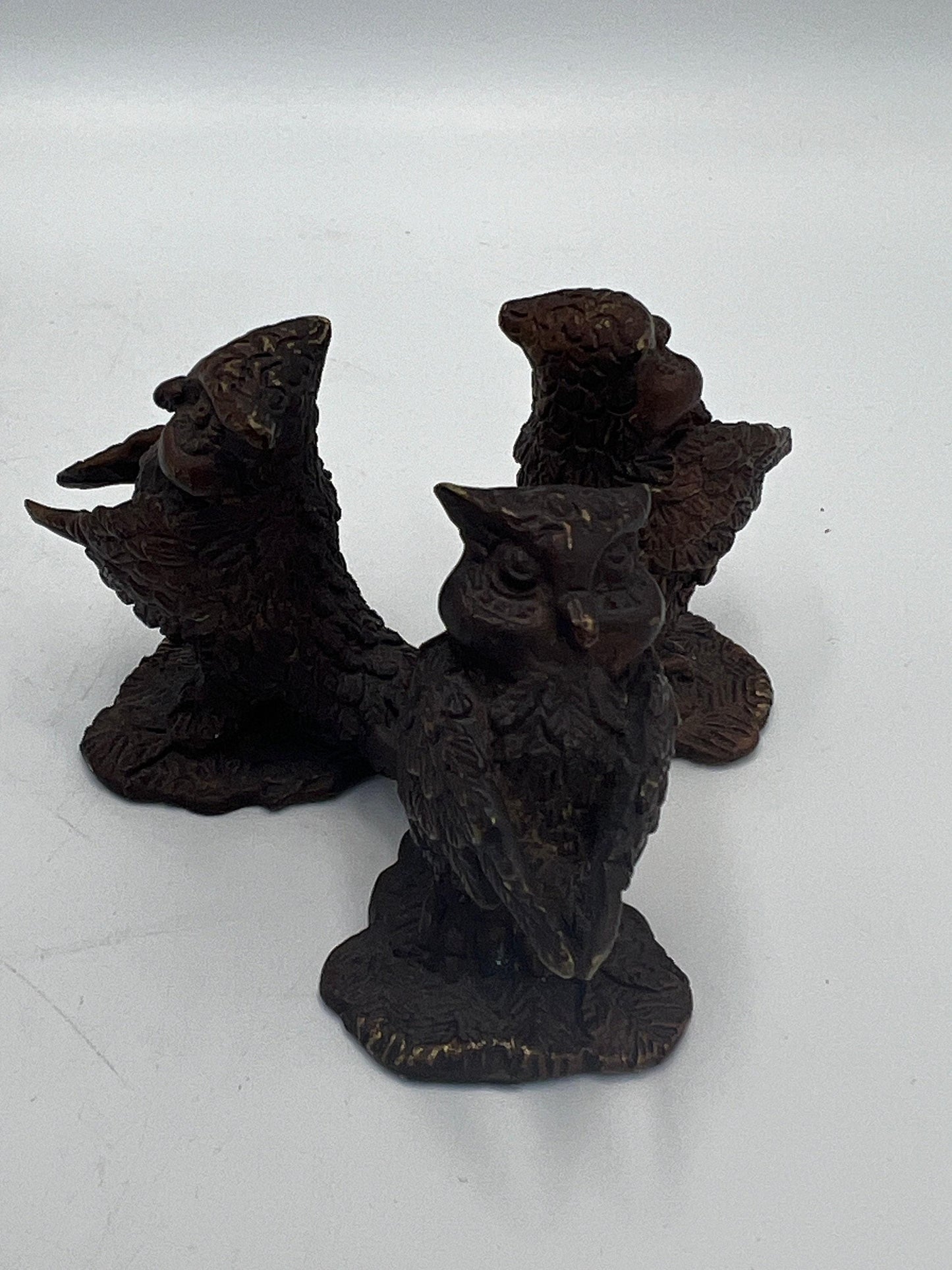 Three Owl Metal Statue - Rustic Vintage Bird Figurine