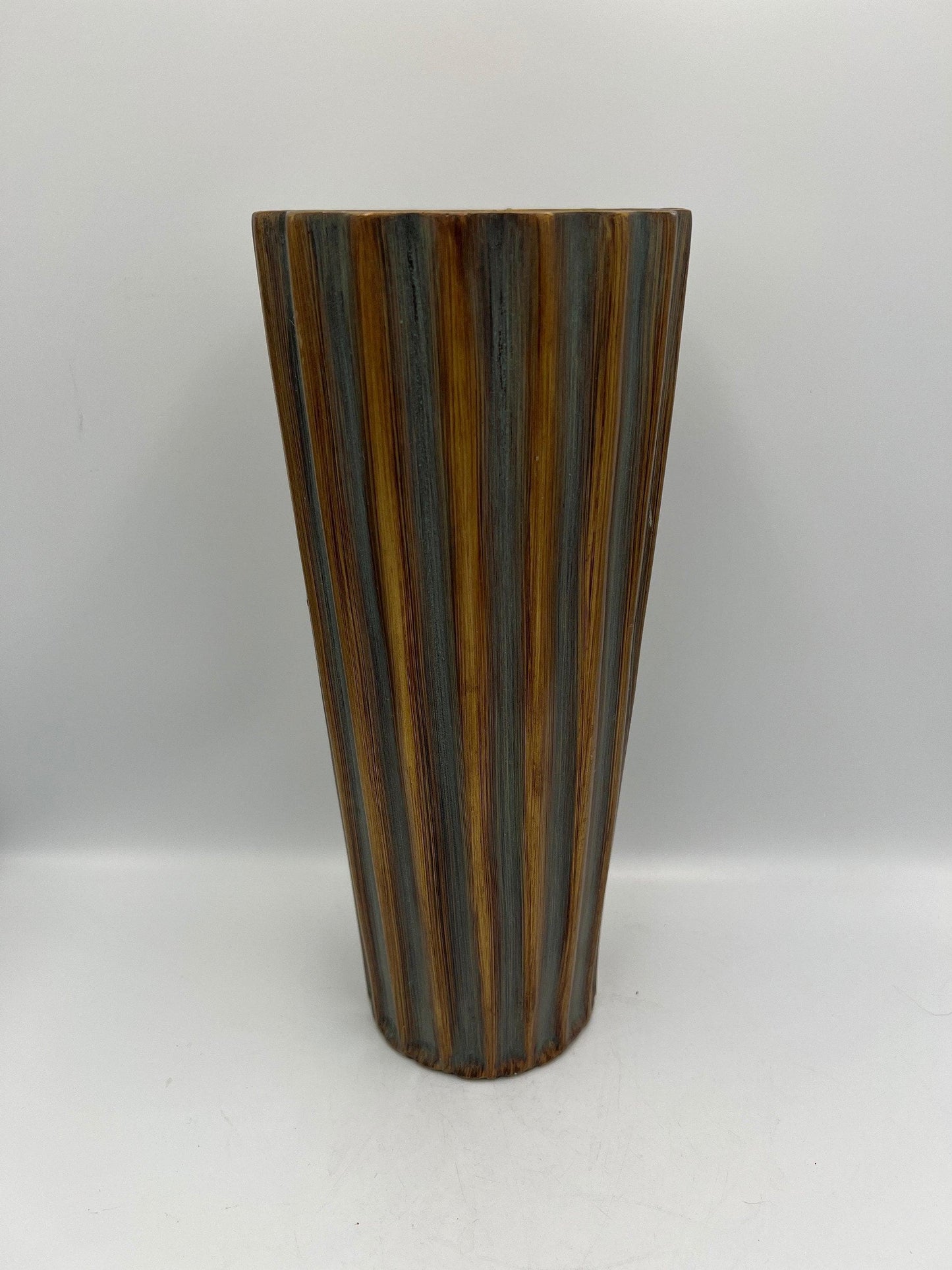 Vintage Blue-Gray Flute Vase, Bronze Accent (11" Tall Ceramic)