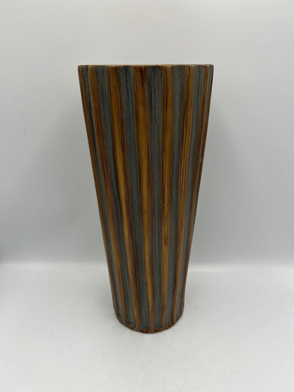 Vintage Blue-Gray Flute Vase, Bronze Accent (11" Tall Ceramic)