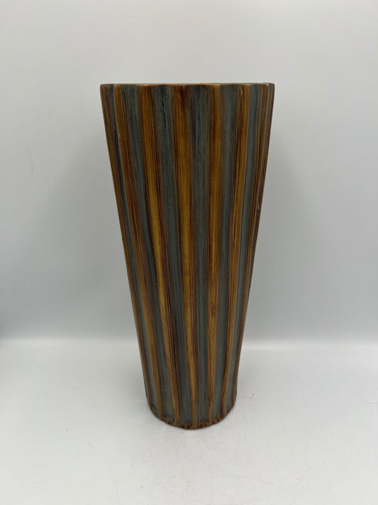 Vintage Blue-Gray Flute Vase, Bronze Accent (11" Tall Ceramic)
