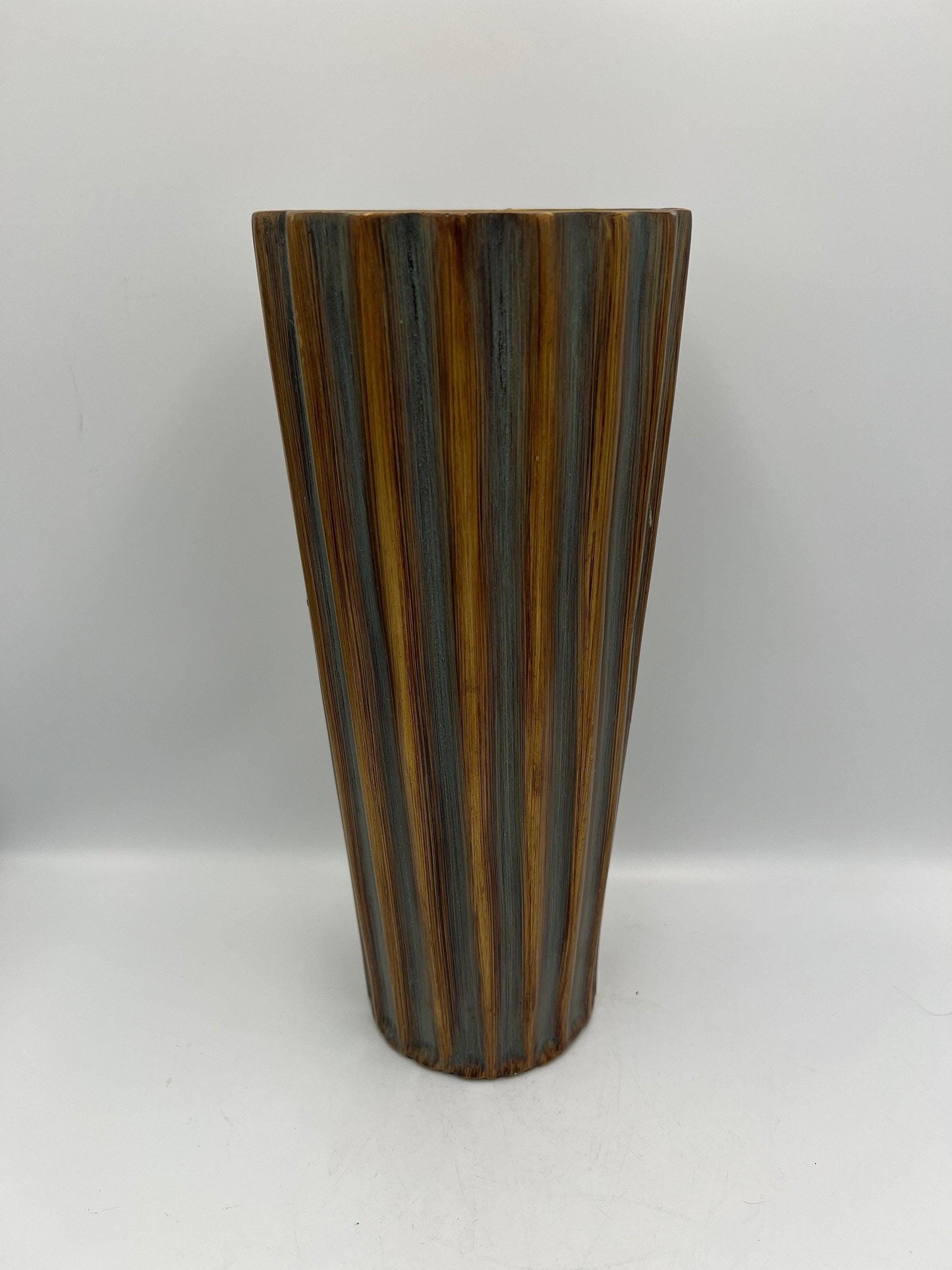 Vintage Blue-Gray Flute Vase, Bronze Accent (11" Tall Ceramic)