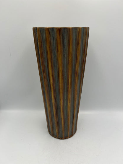 Vintage Blue-Gray Flute Vase, Bronze Accent (11" Tall Ceramic)