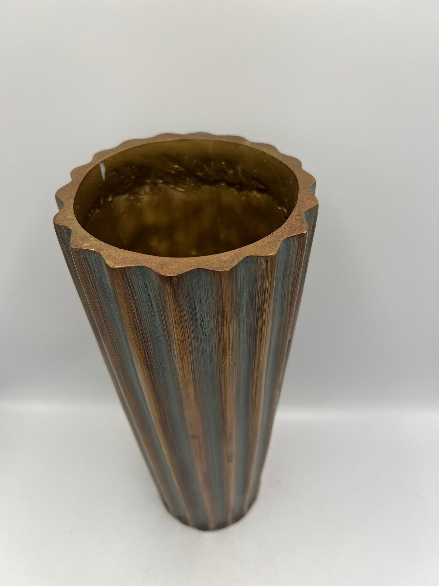 Vintage Blue-Gray Flute Vase, Bronze Accent (11" Tall Ceramic)