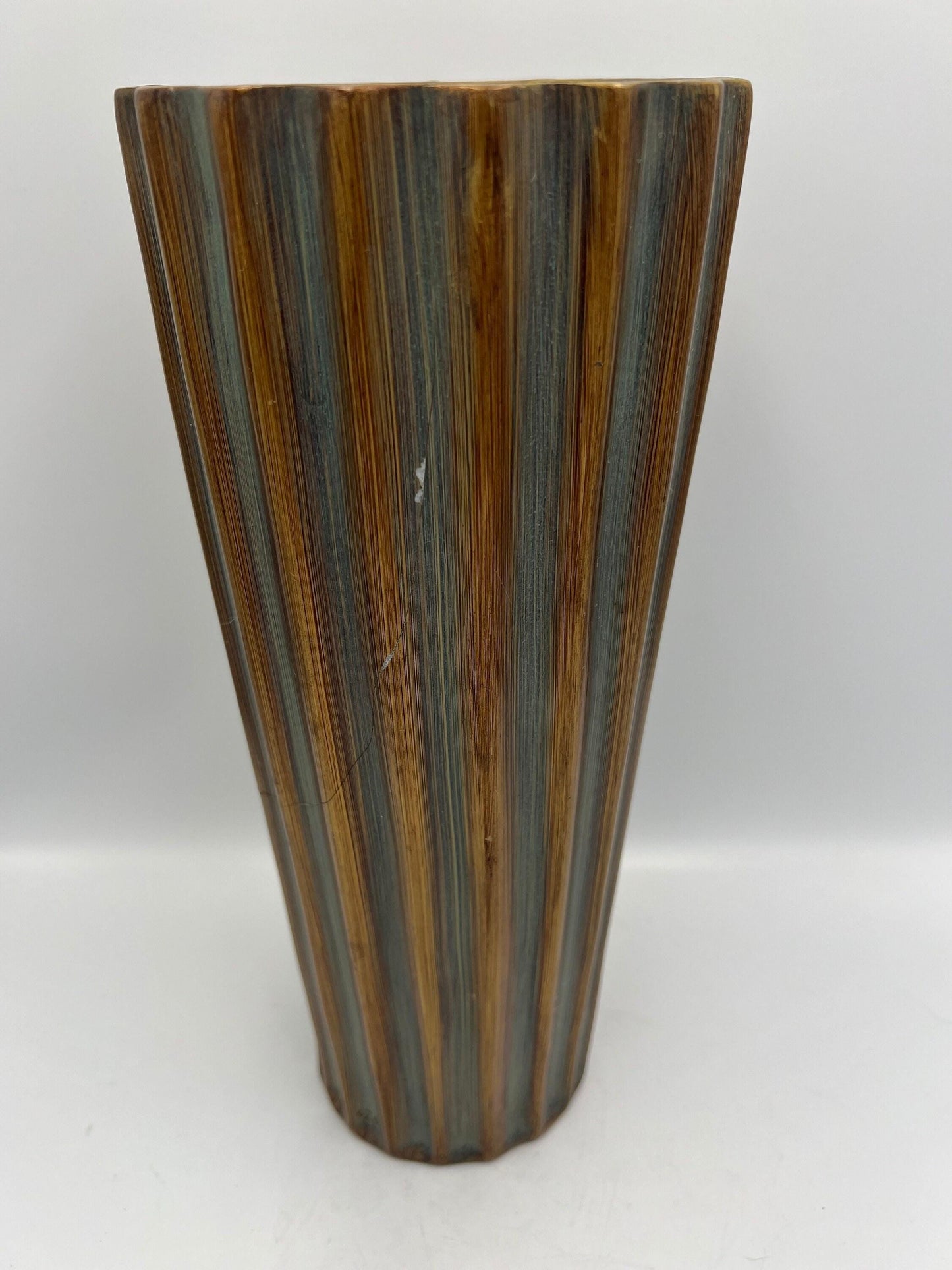 Vintage Blue-Gray Flute Vase, Bronze Accent (11" Tall Ceramic)