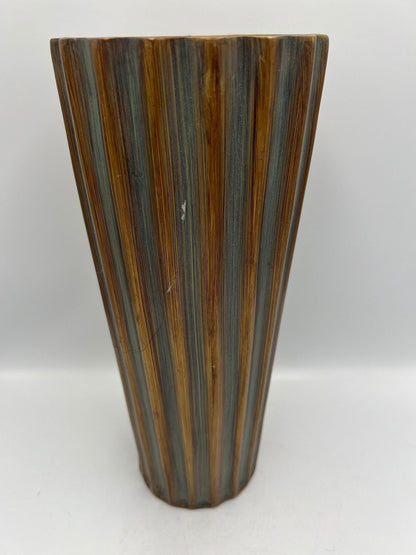 Vintage Blue-Gray Flute Vase, Bronze Accent (11" Tall Ceramic)