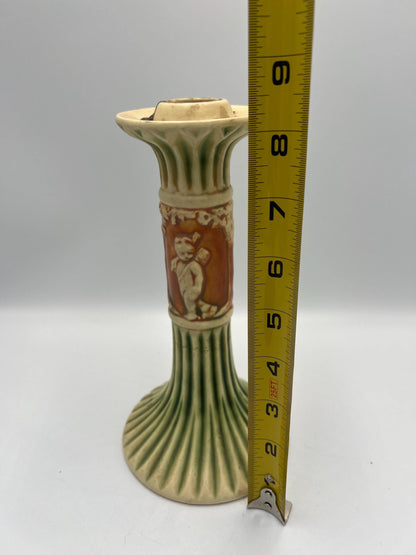 Vintage Roseville Donatello Candlestick - Cherub Motif, Fluted Ceramic Base