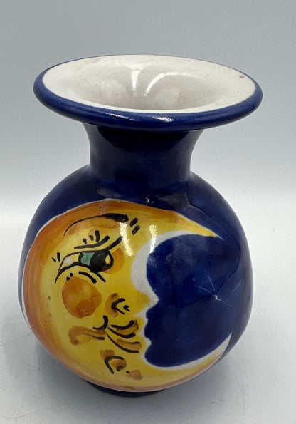Vintage celestial vase crescent moon// Retro ceramic art vase flowerpot yellow dreamy Luna and dark blue starry sky - Signed