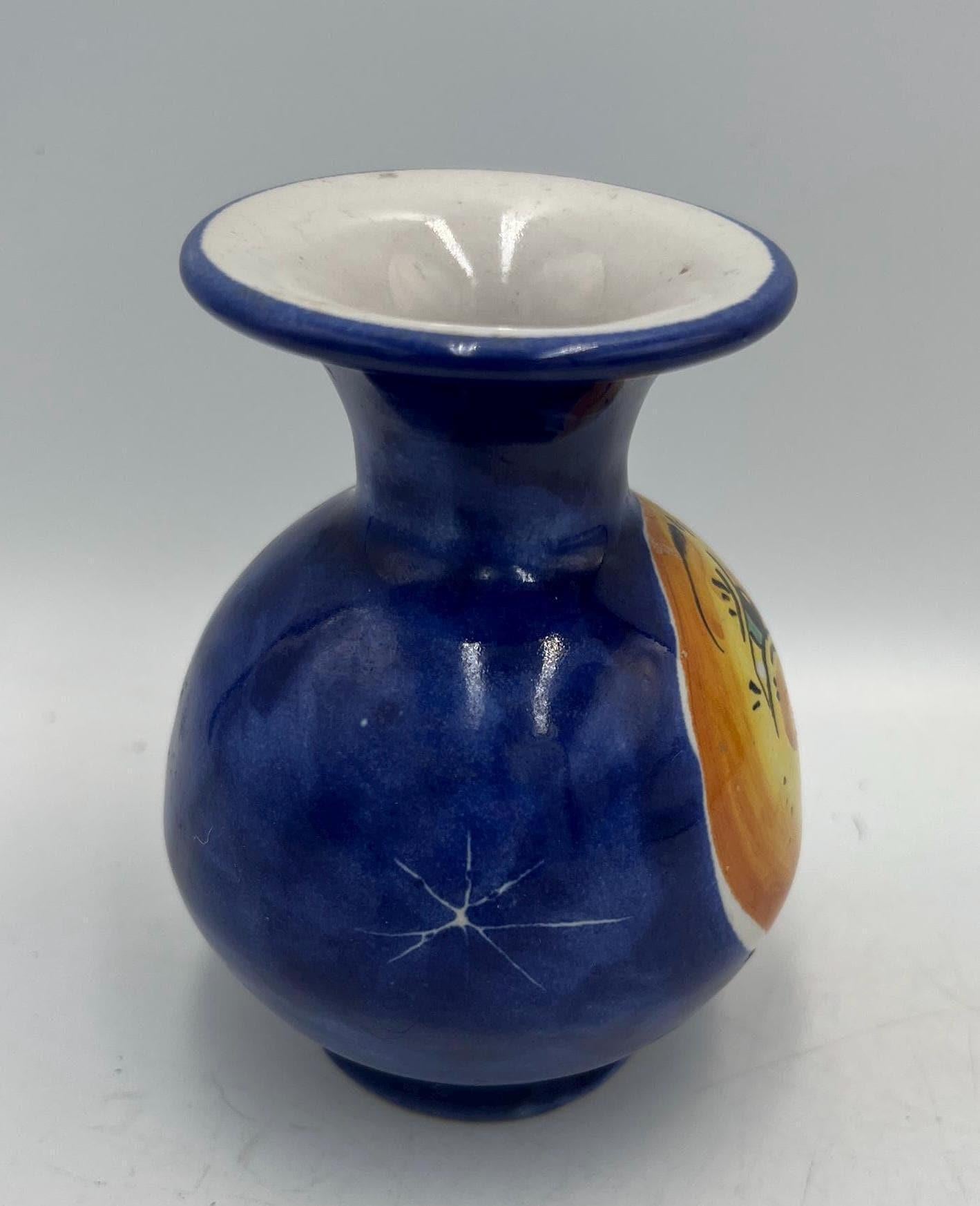 Vintage celestial vase crescent moon// Retro ceramic art vase flowerpot yellow dreamy Luna and dark blue starry sky - Signed