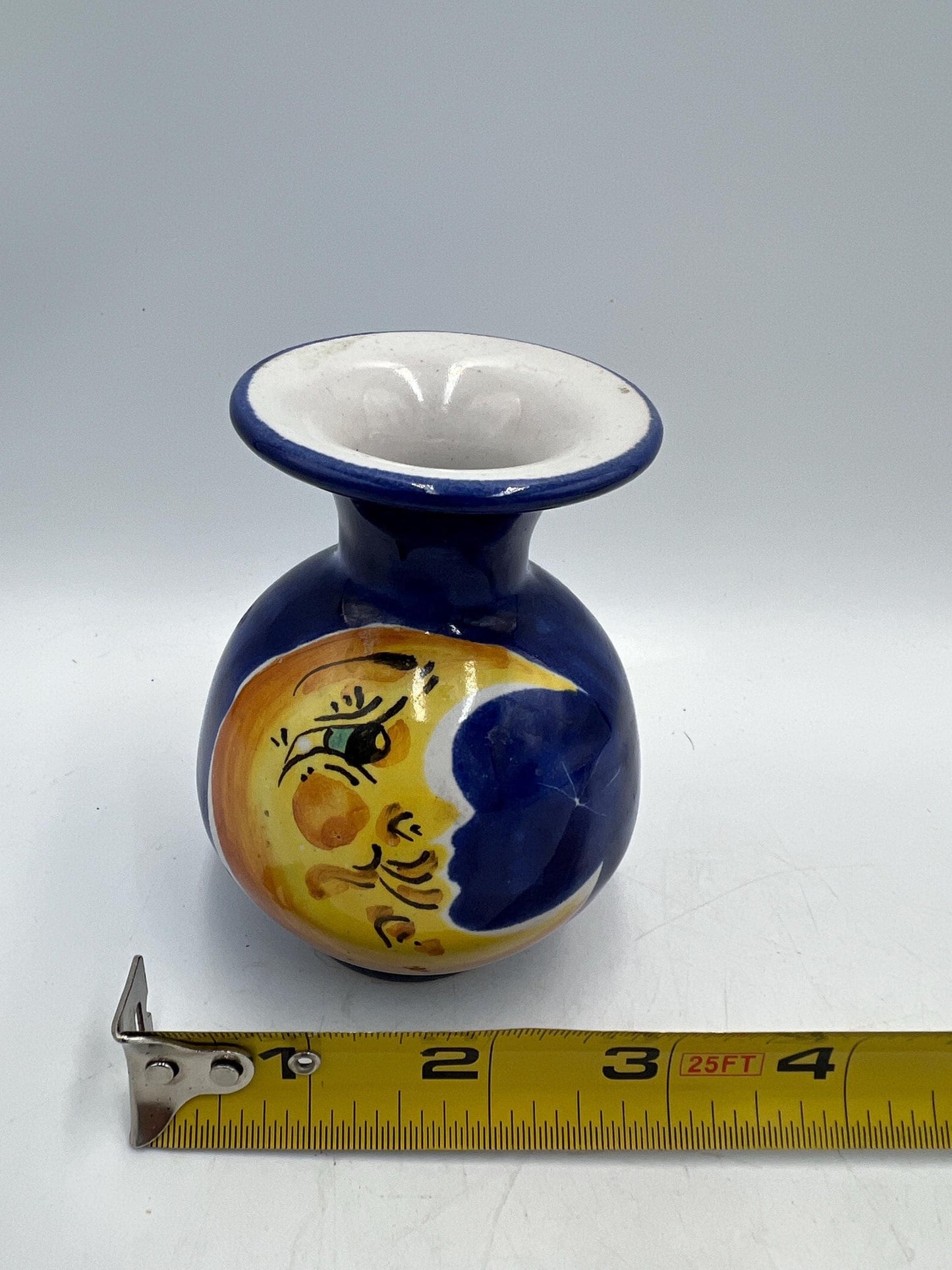 Vintage celestial vase crescent moon// Retro ceramic art vase flowerpot yellow dreamy Luna and dark blue starry sky - Signed