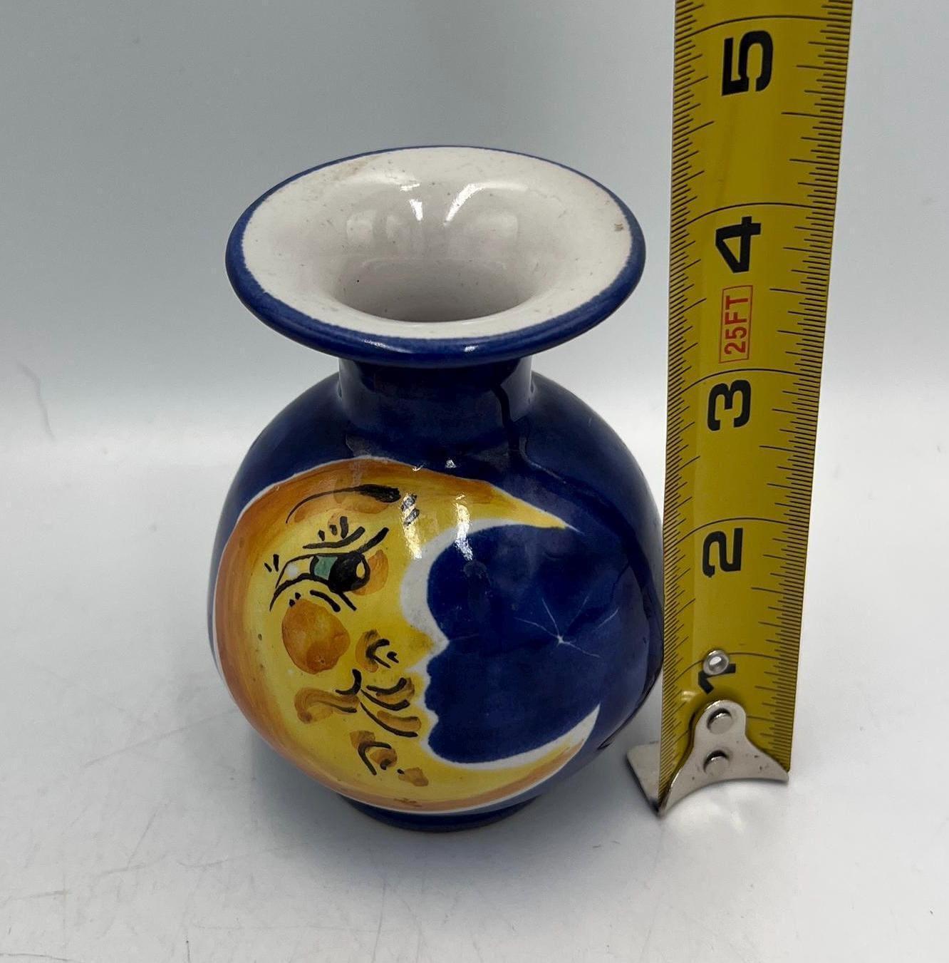 Vintage celestial vase crescent moon// Retro ceramic art vase flowerpot yellow dreamy Luna and dark blue starry sky - Signed