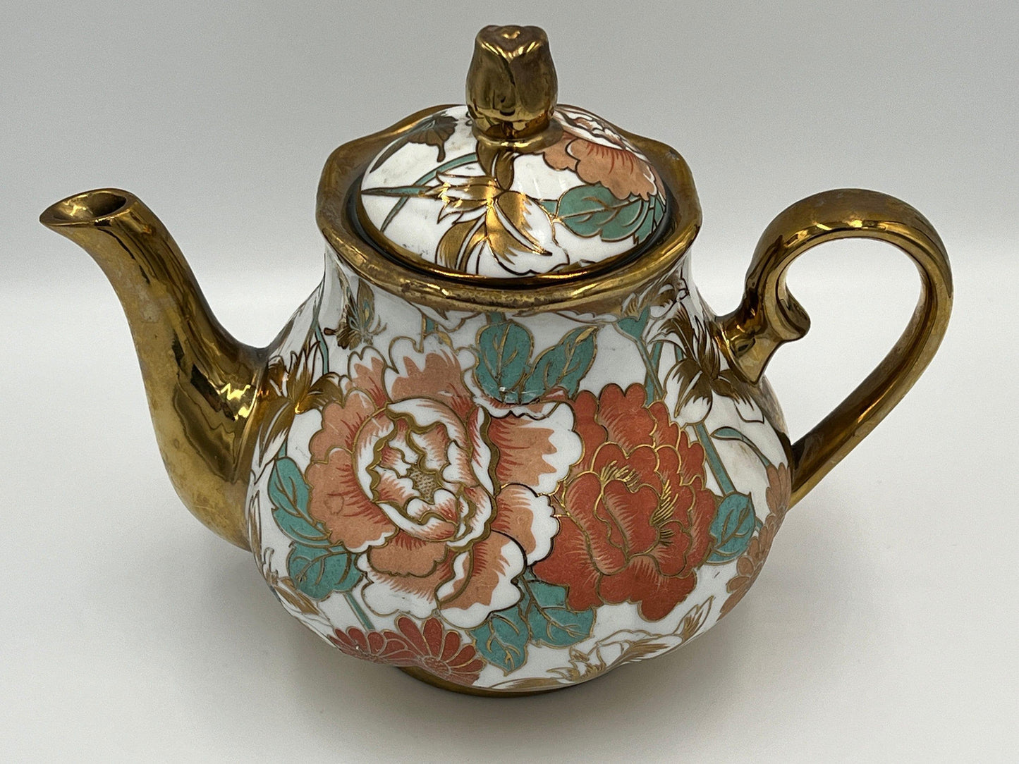 Chinese Porcelain Teapot, Gold Floral Motif (Vintage, 7in)