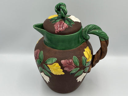 Vintage Floral Pitcher - Brown Ceramic with Glossy Accents