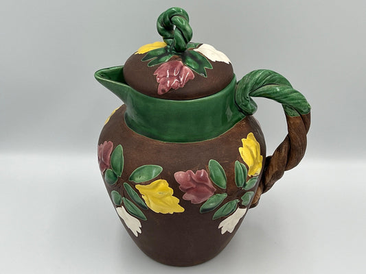 Vintage Floral Pitcher - Brown Ceramic with Glossy Accents