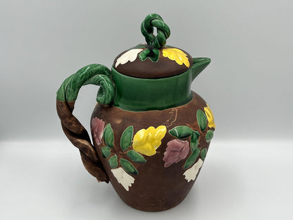Vintage Floral Pitcher - Brown Ceramic with Glossy Accents