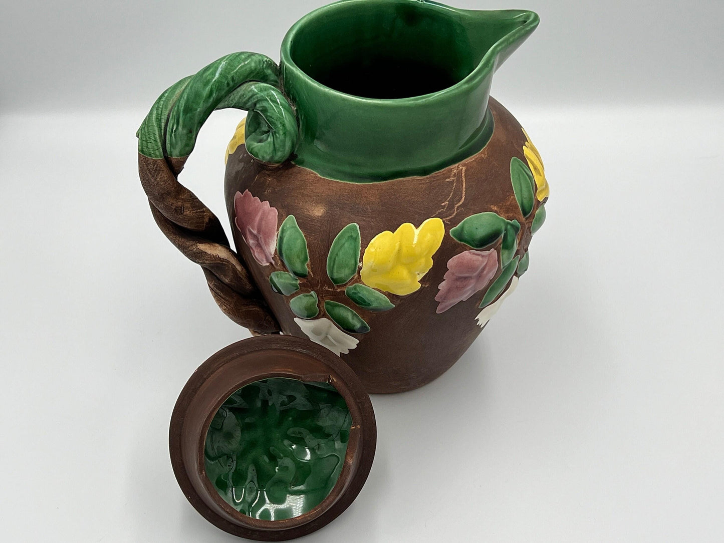 Vintage Floral Pitcher - Brown Ceramic with Glossy Accents