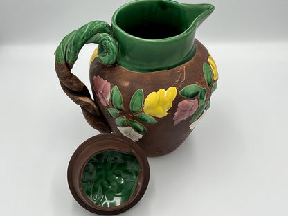 Vintage Floral Pitcher - Brown Ceramic with Glossy Accents