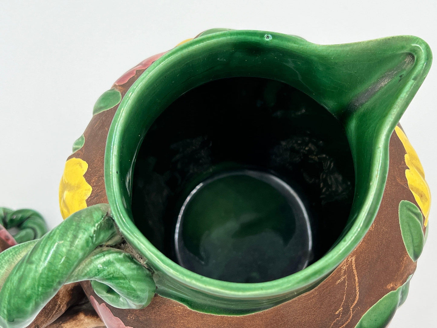 Vintage Floral Pitcher - Brown Ceramic with Glossy Accents