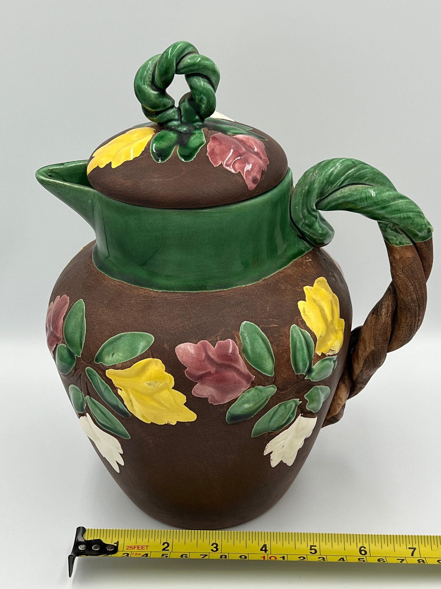 Vintage Floral Pitcher - Brown Ceramic with Glossy Accents