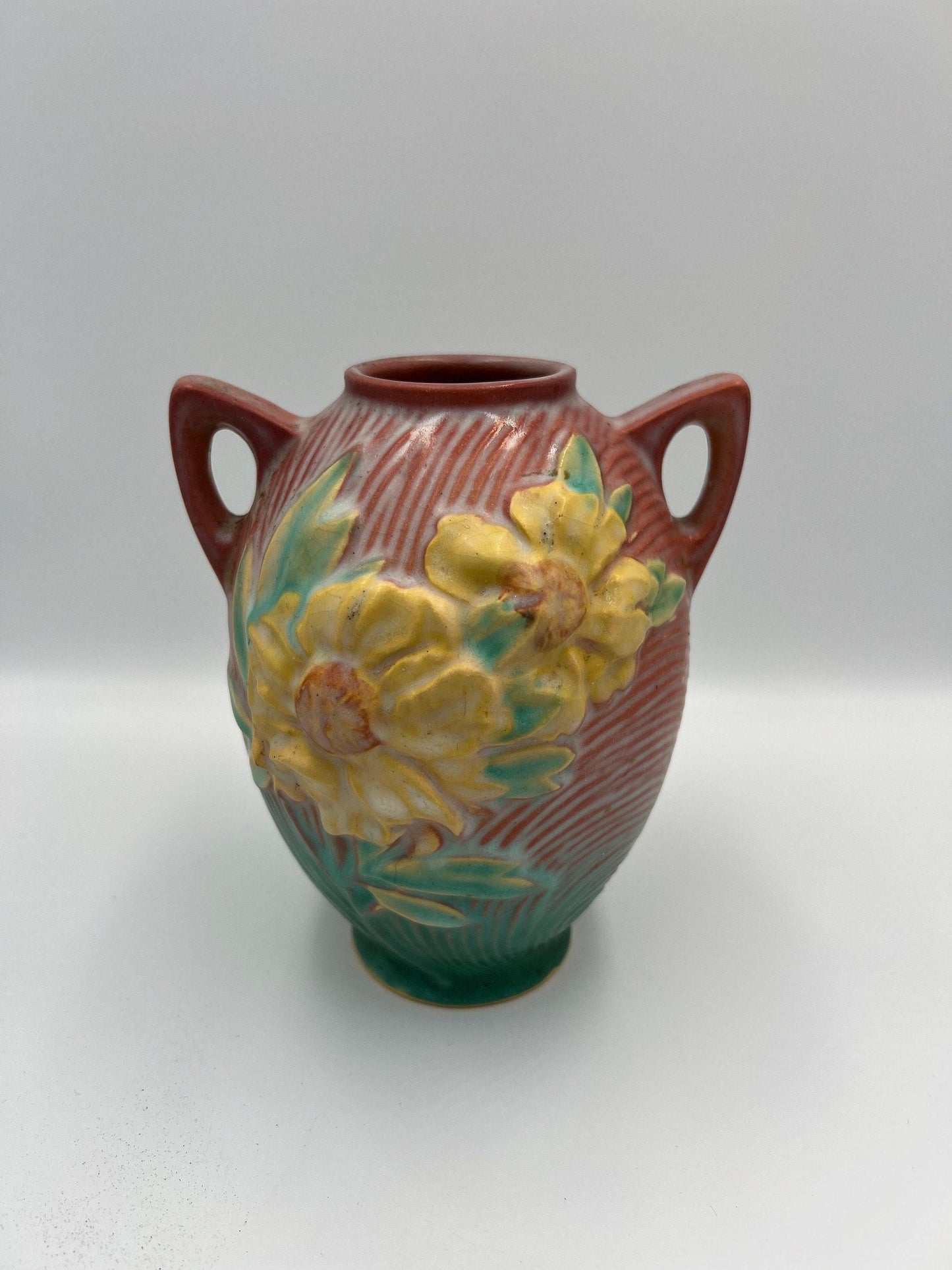 Roseville Pottery Vase: Pink Peony Floral Design 58-6