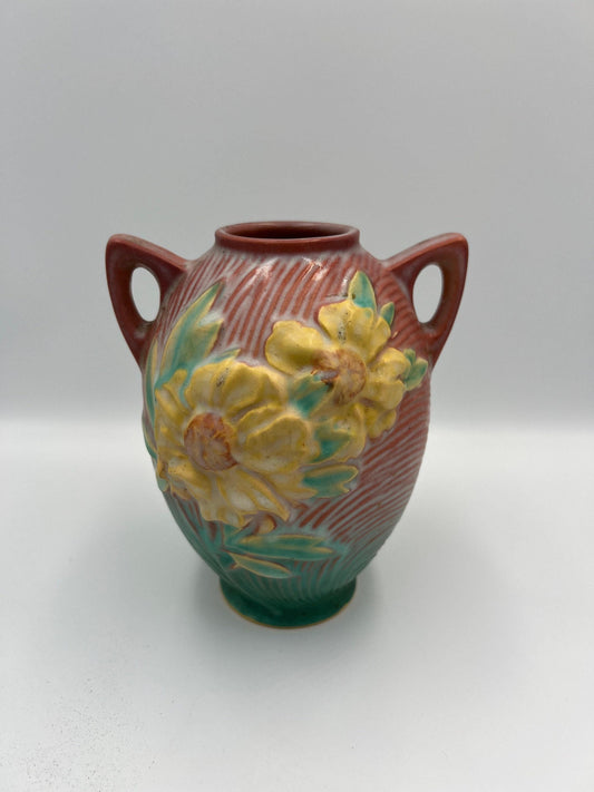 Roseville Pottery Vase: Pink Peony Floral Design 58-6