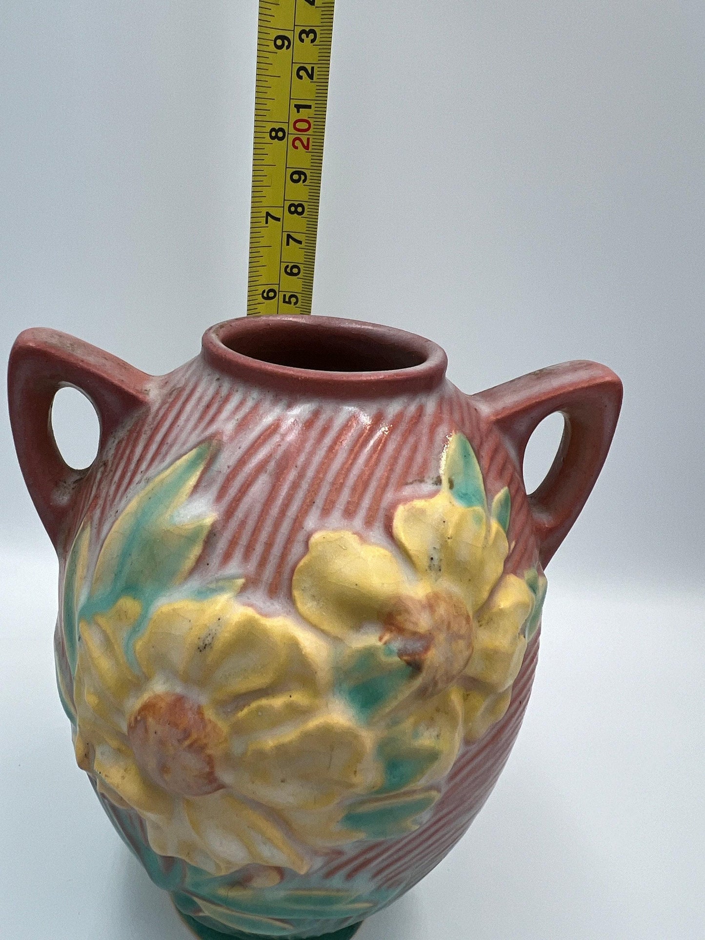 Roseville Pottery Vase: Pink Peony Floral Design 58-6