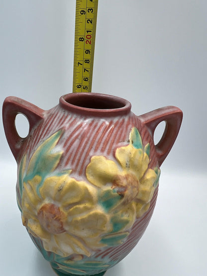 Roseville Pottery Vase: Pink Peony Floral Design 58-6