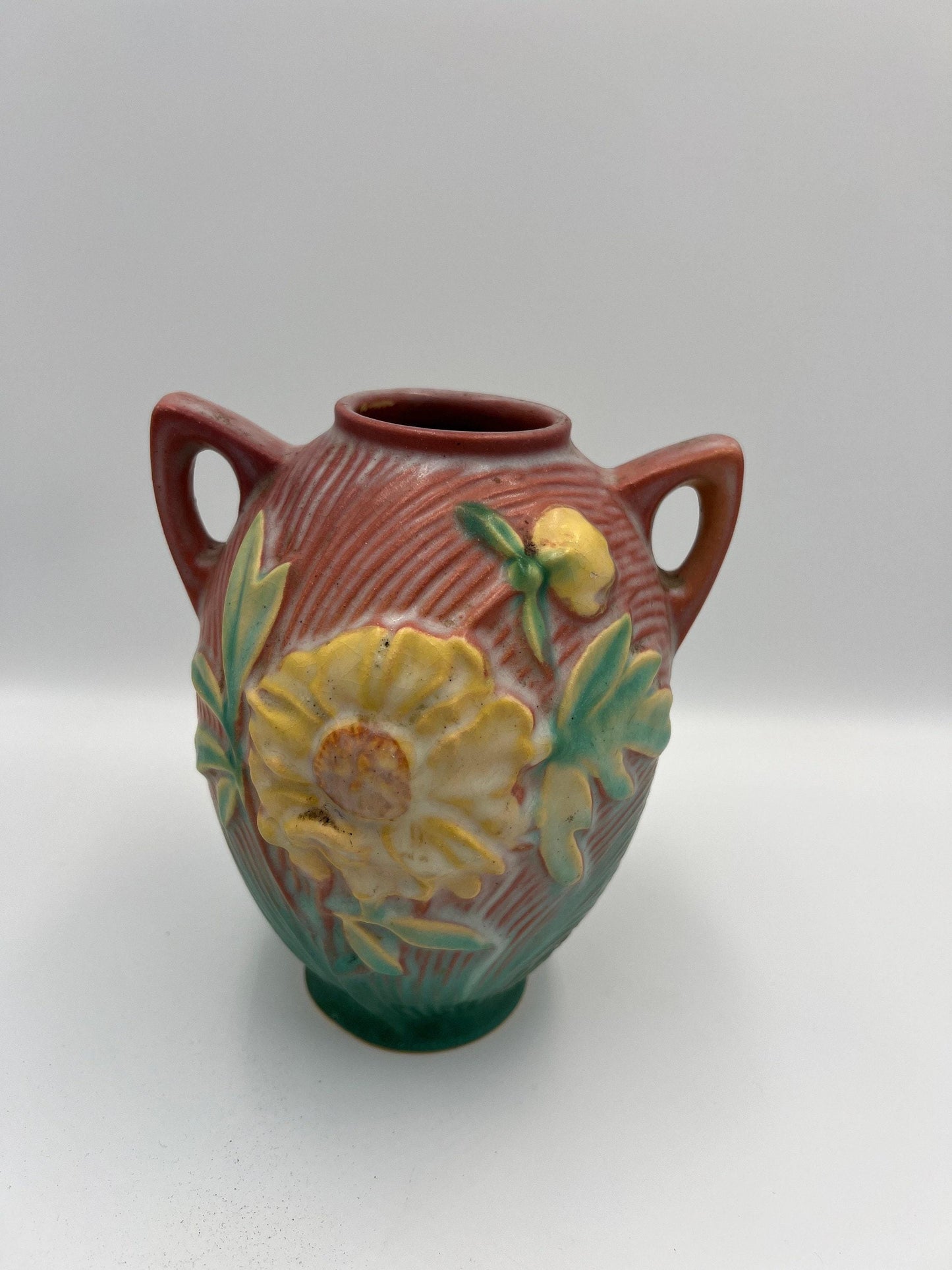 Roseville Pottery Vase: Pink Peony Floral Design 58-6