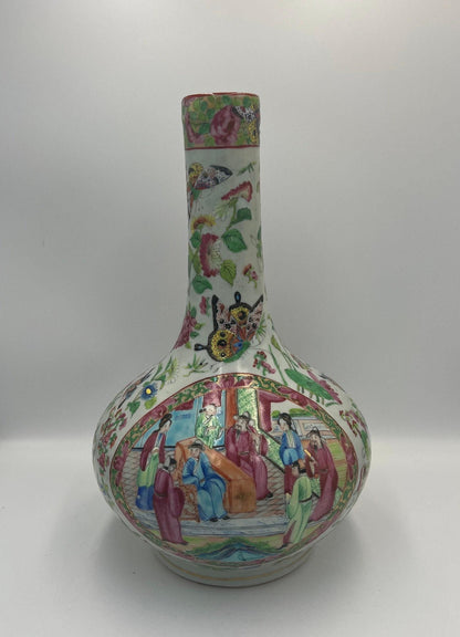 Chinese Antique Bottle Vase, Famille Rose Medallion (Vintage Ceramic Art)