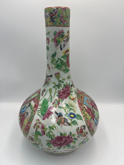Chinese Antique Bottle Vase, Famille Rose Medallion (Vintage Ceramic Art)