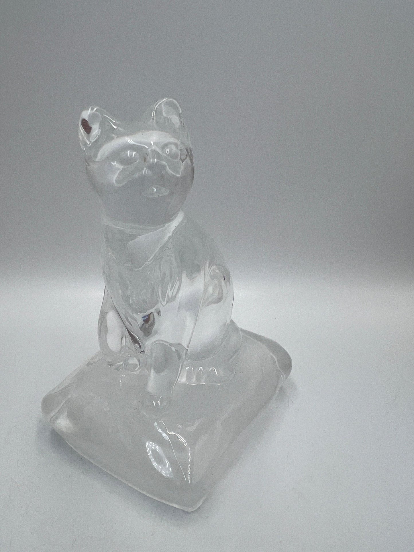 Clear Glass Cat Paperweight, Vintage Sitting Figurine (5" Tall)