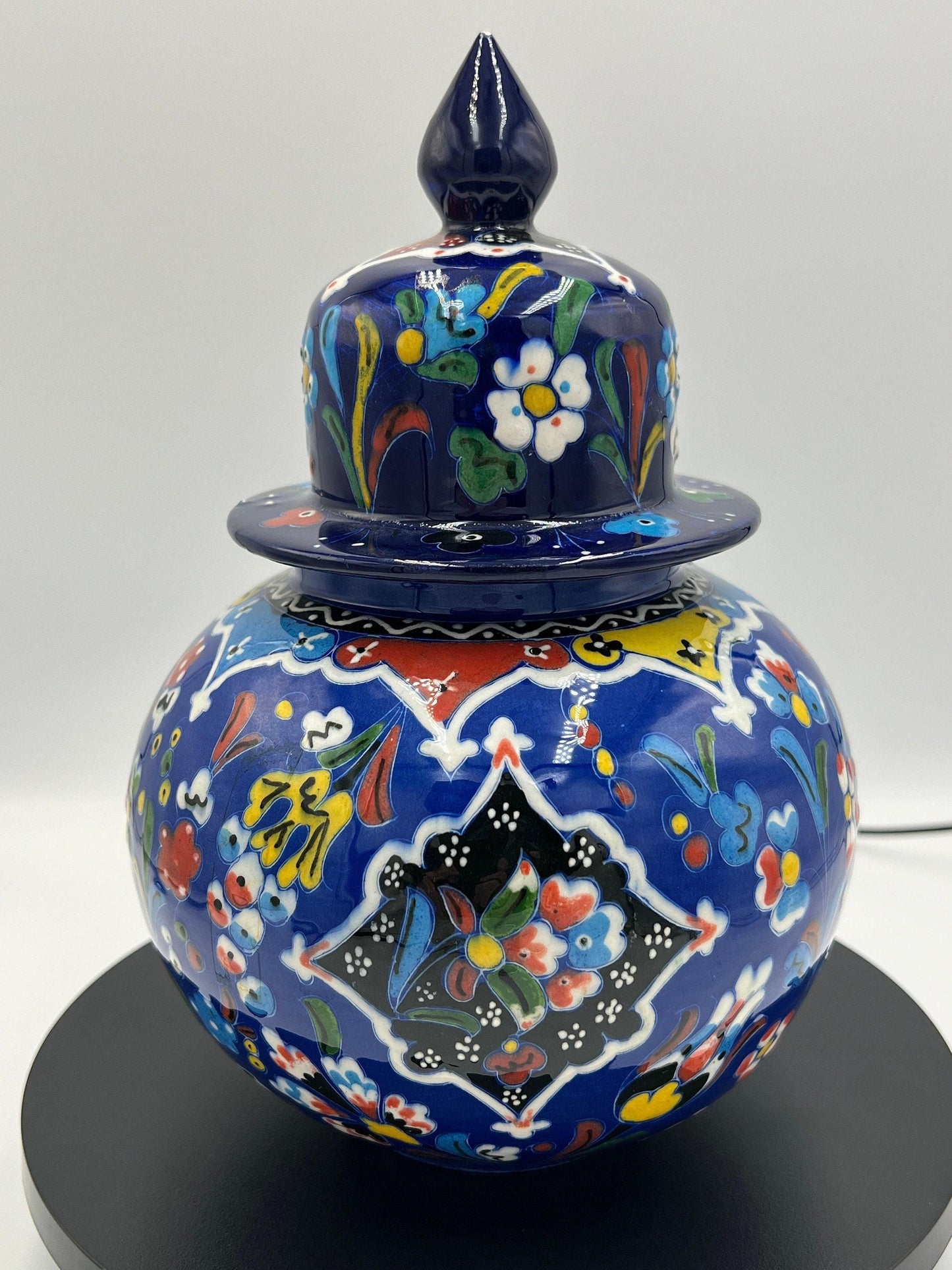 Hand Painted Ceramic Jar: Vibrant Colors, 9 Inch Lidded Pot