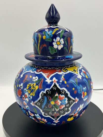 Hand Painted Ceramic Jar: Vibrant Colors, 9 Inch Lidded Pot