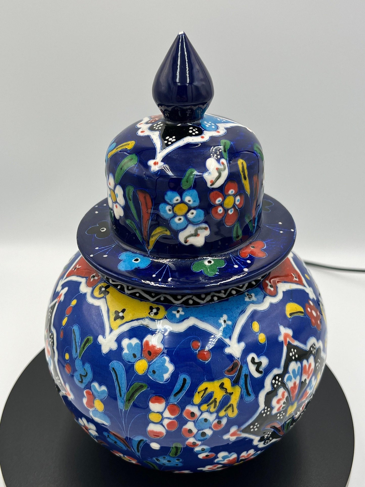 Hand Painted Ceramic Jar: Vibrant Colors, 9 Inch Lidded Pot