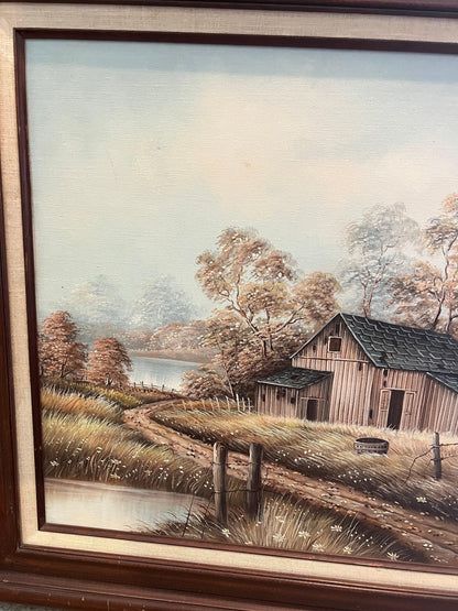 Original Oil Painting on Canvas, Rustic Barn Scene (Framed 31x29")