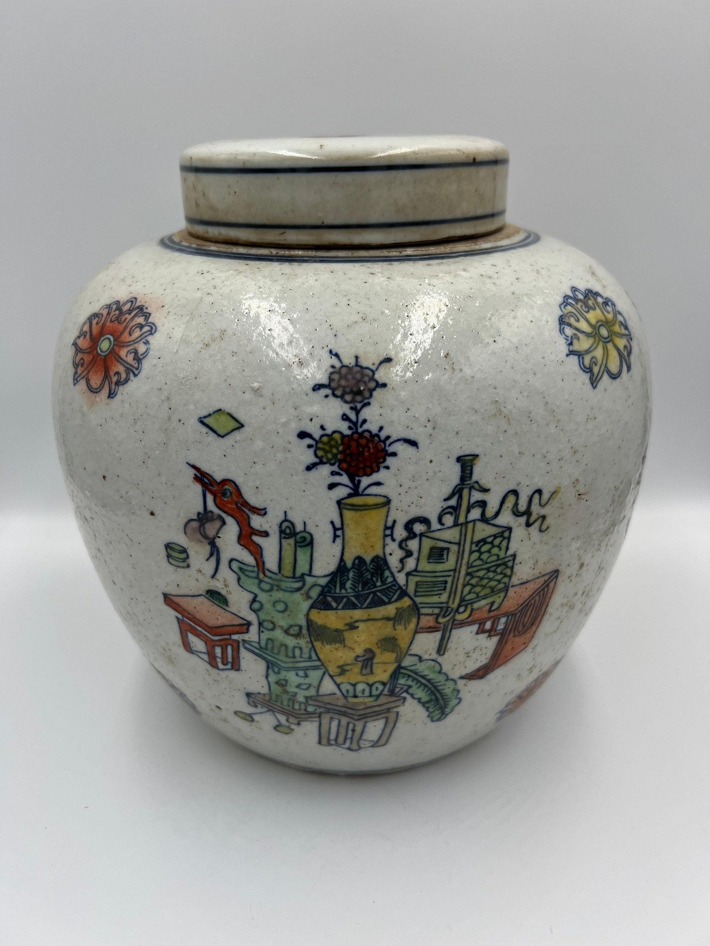 Blue and White Porcelain Jar: Jingdezhen Doucai Style (7" Height)