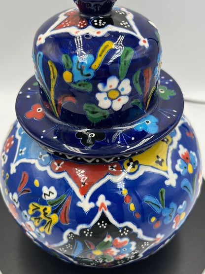 Hand Painted Ceramic Jar: Vibrant Colors, 9 Inch Lidded Pot
