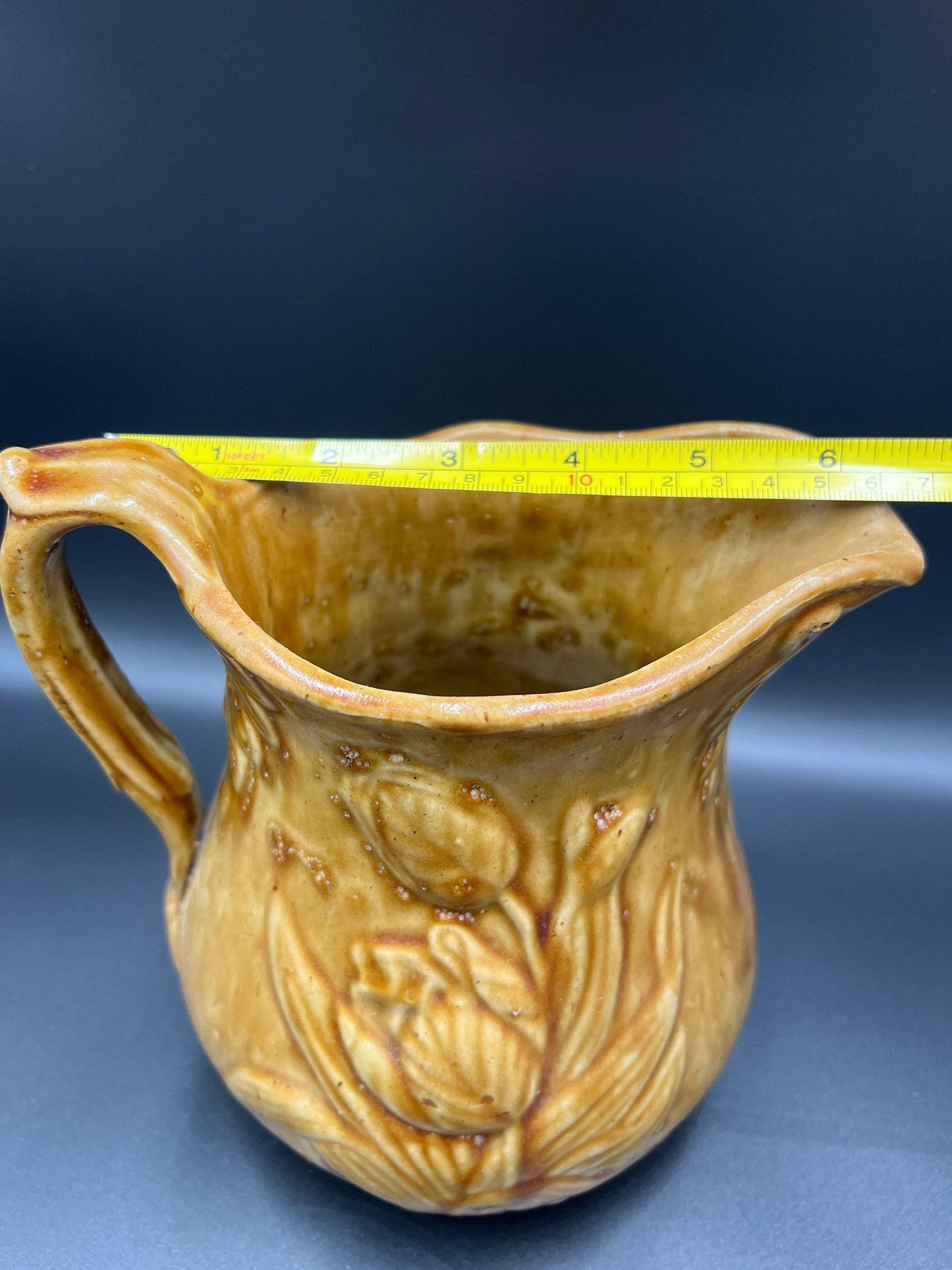 Bennington Rockingham Stoneware Pitcher, Tulip Pattern (Late 1800s Vintage)