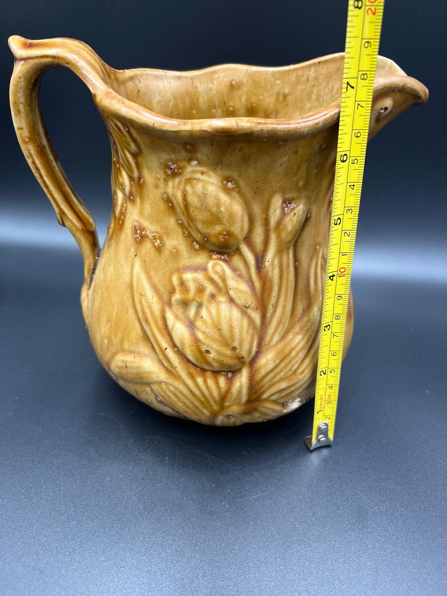 Bennington Rockingham Stoneware Pitcher, Tulip Pattern (Late 1800s Vintage)