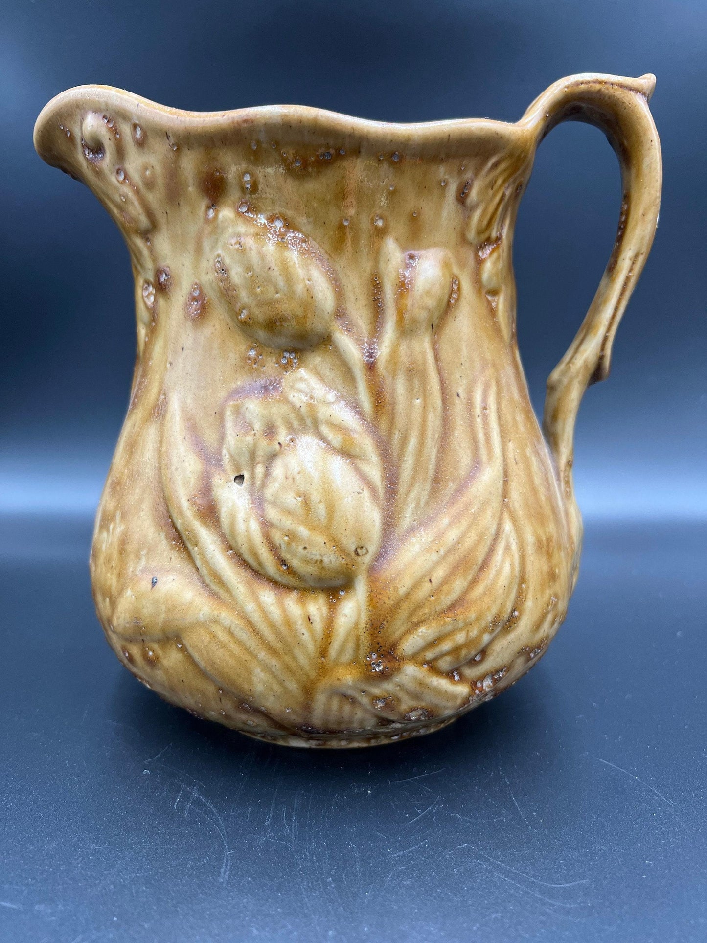 Bennington Rockingham Stoneware Pitcher, Tulip Pattern (Late 1800s Vintage)